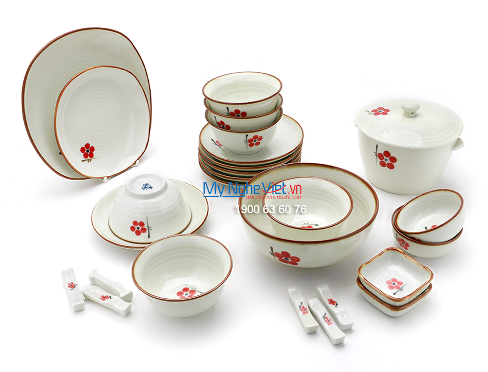 Bộ chén dĩa bàn ăn men trắng kem vẽ hoa đào đỏ 6 người  MNV-BBA01-7