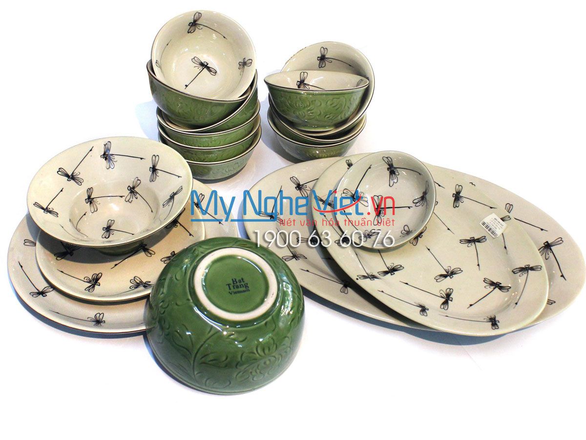 Bộ chén đĩa ( bộ bàn ăn) men xanh đồng vẽ chuồn chuồn MNV-MXH02