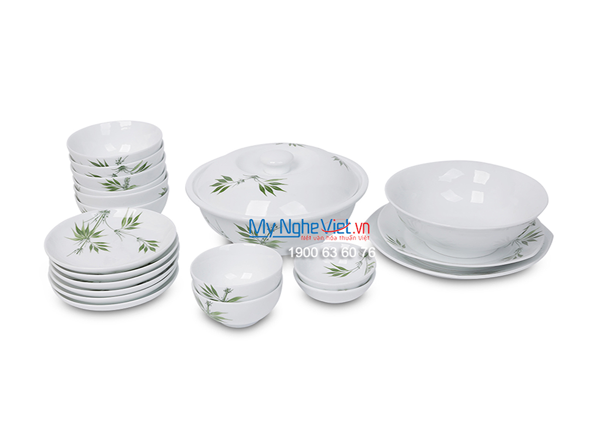 Bộ chén dĩa bàn ăn  men trắng vẽ trúc xanh dành cho 6 người MNV-BBA01-8