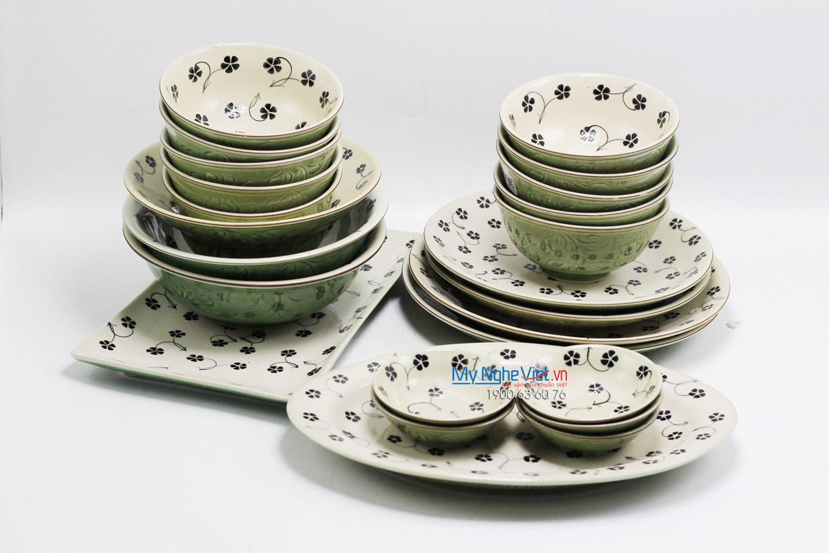 Bộ chén đĩa ( bộ bàn ăn) men xanh đồng vẽ hoa sao MNV-BBA4-1